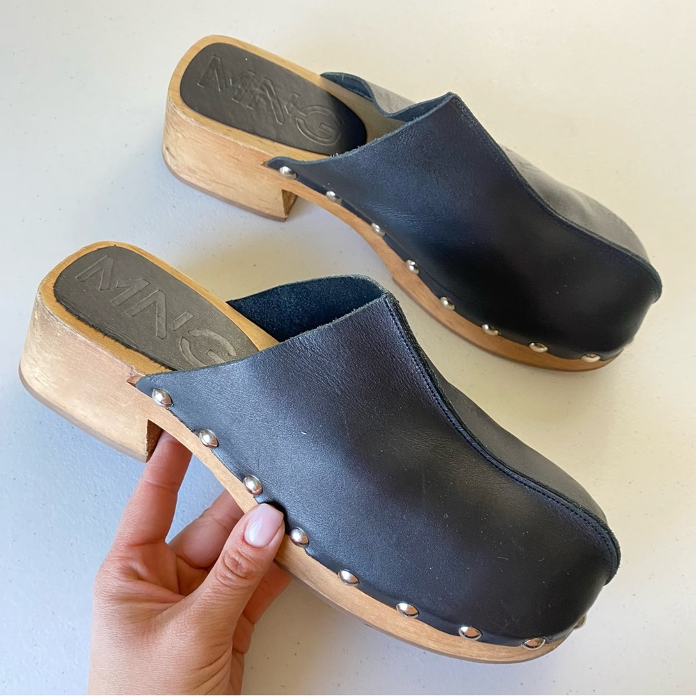 MNG Size 12 Black Genuine Leather Wooden Platform Base Closed Toe Slip-on Clog